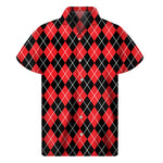 Black And Red Argyle Pattern Print Men's Short Sleeve Shirt