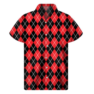 Black And Red Argyle Pattern Print Men's Short Sleeve Shirt