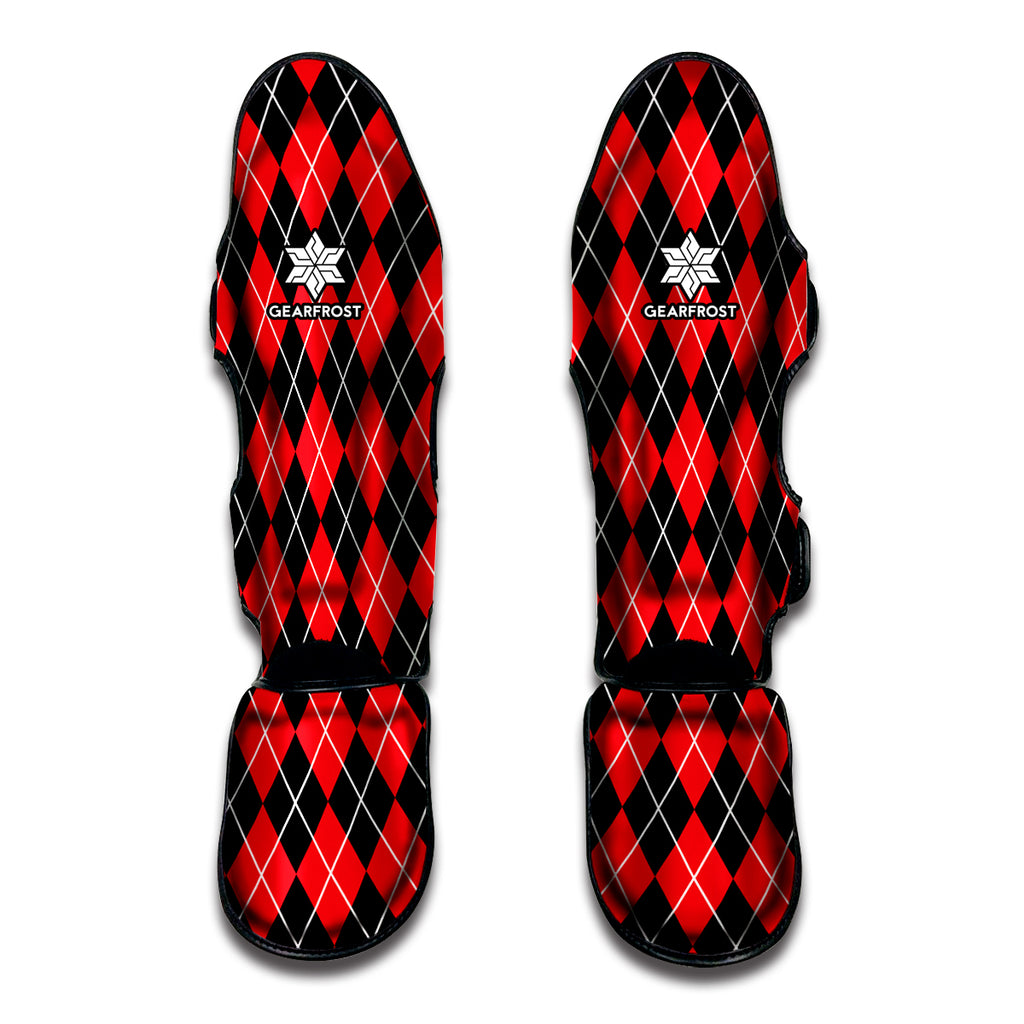 Black And Red Argyle Pattern Print Muay Thai Shin Guard