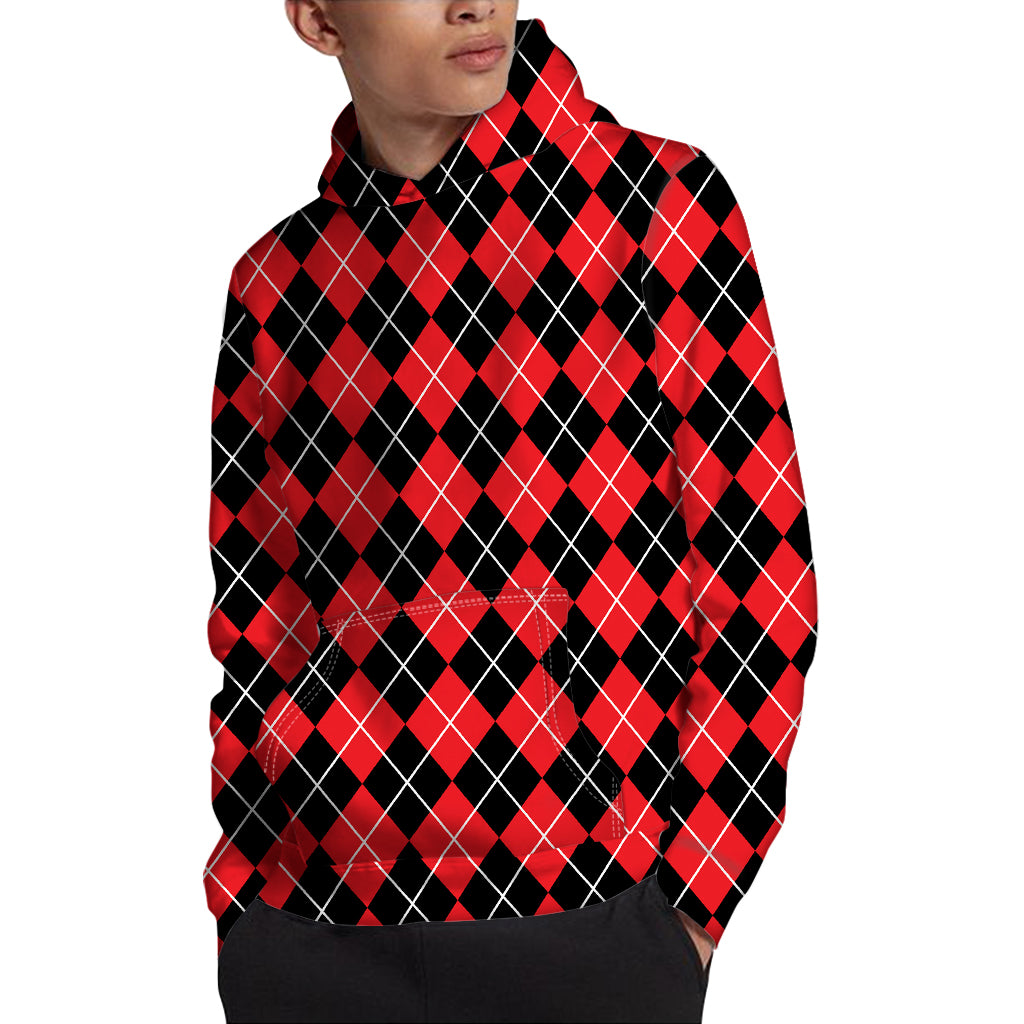 Black And Red Argyle Pattern Print Pullover Hoodie