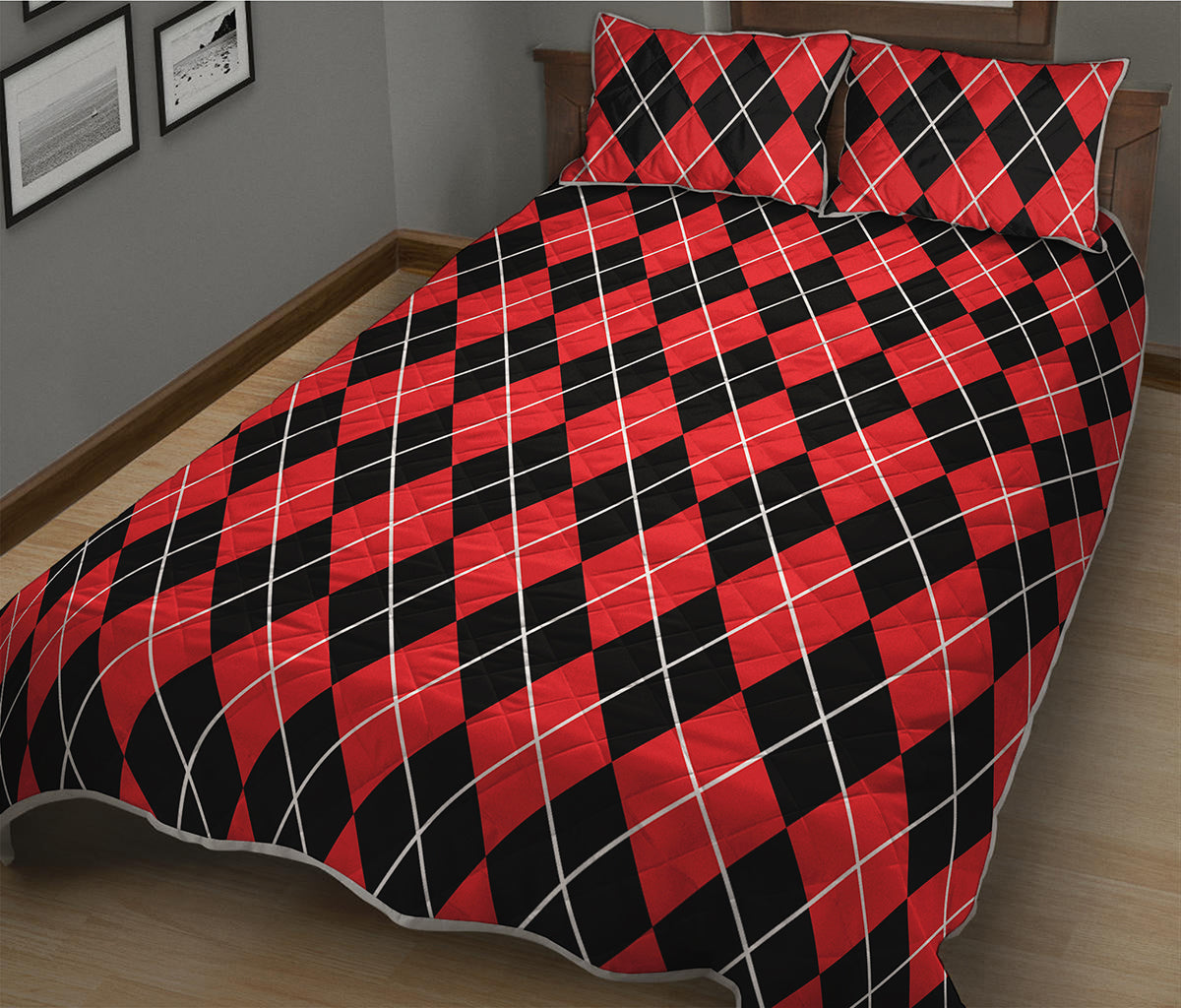 Black And Red Argyle Pattern Print Quilt Bed Set
