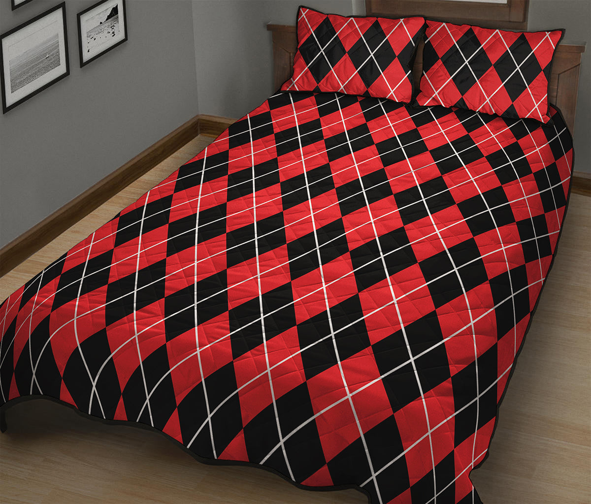 Black And Red Argyle Pattern Print Quilt Bed Set