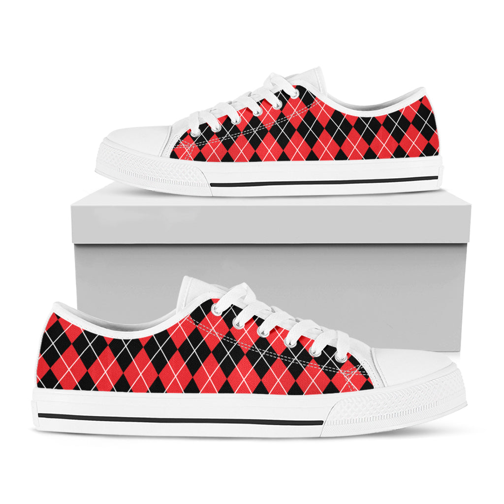 Black And Red Argyle Pattern Print White Low Top Shoes