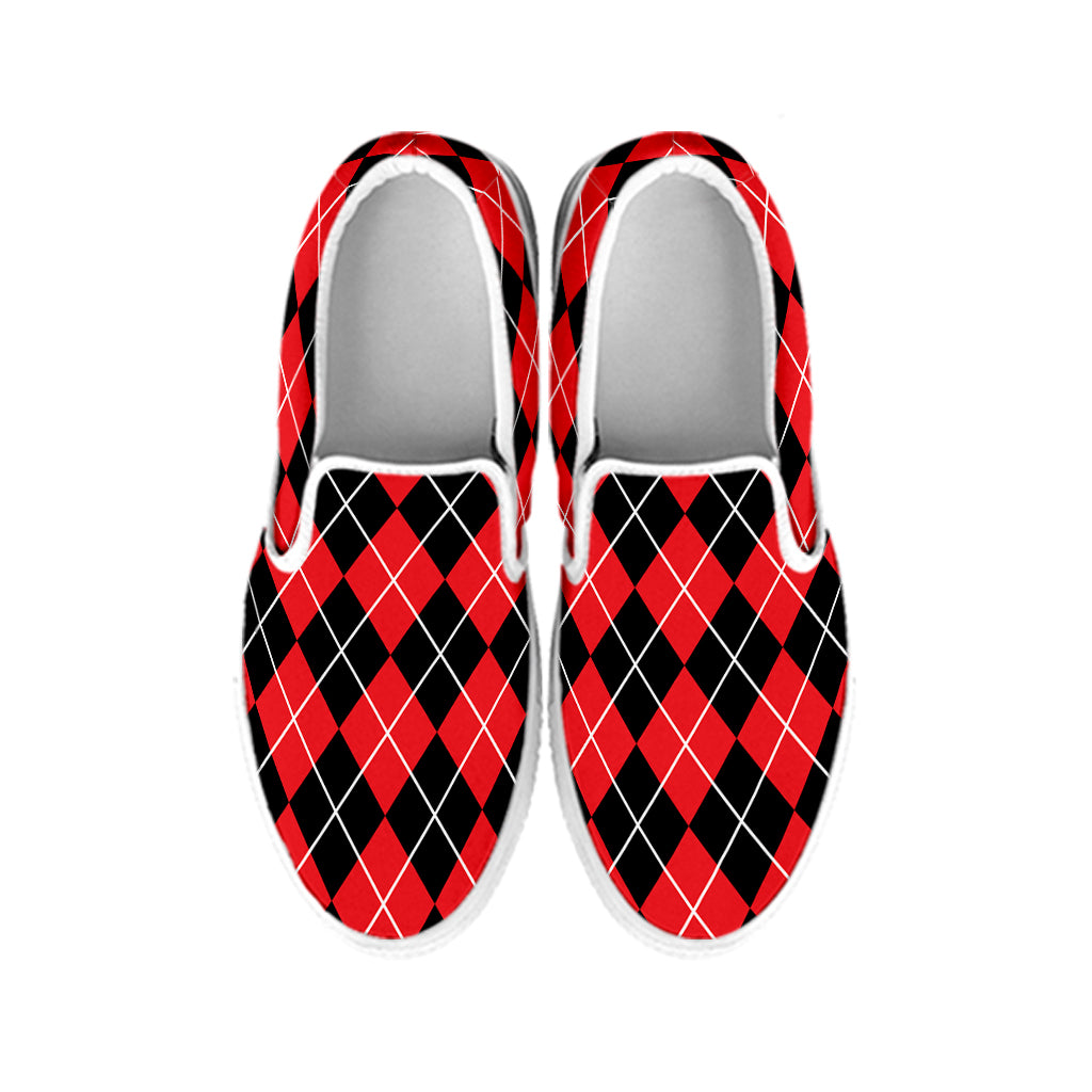 Black And Red Argyle Pattern Print White Slip On Shoes