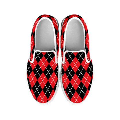 Black And Red Argyle Pattern Print White Slip On Shoes