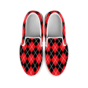 Black And Red Argyle Pattern Print White Slip On Shoes