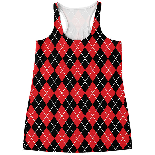 Black And Red Argyle Pattern Print Women's Racerback Tank Top