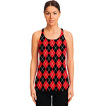 Black And Red Argyle Pattern Print Women's Racerback Tank Top