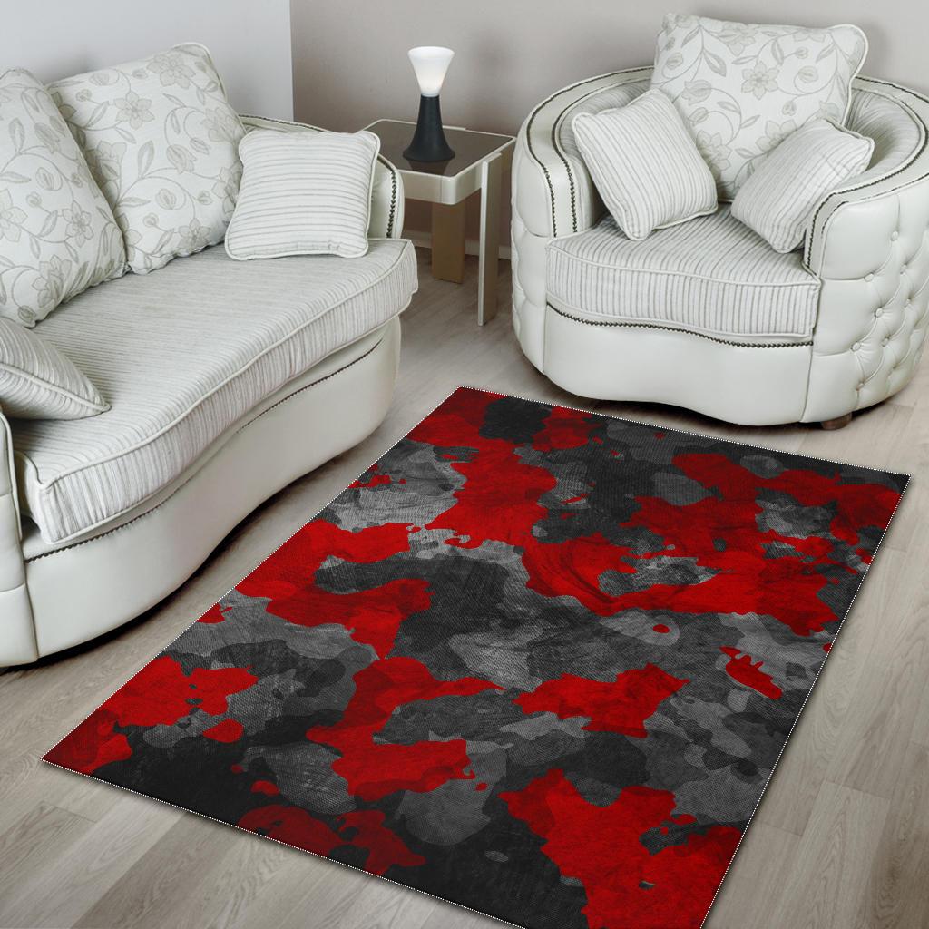 Black And Red Camouflage Print Area Rug GearFrost
