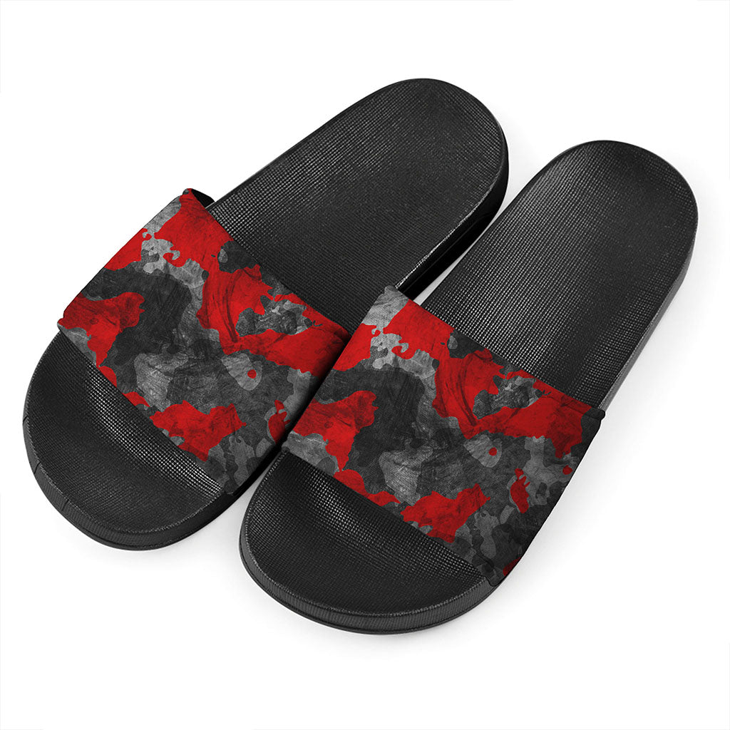 Black And Red Camouflage Print Black Slide Sandals