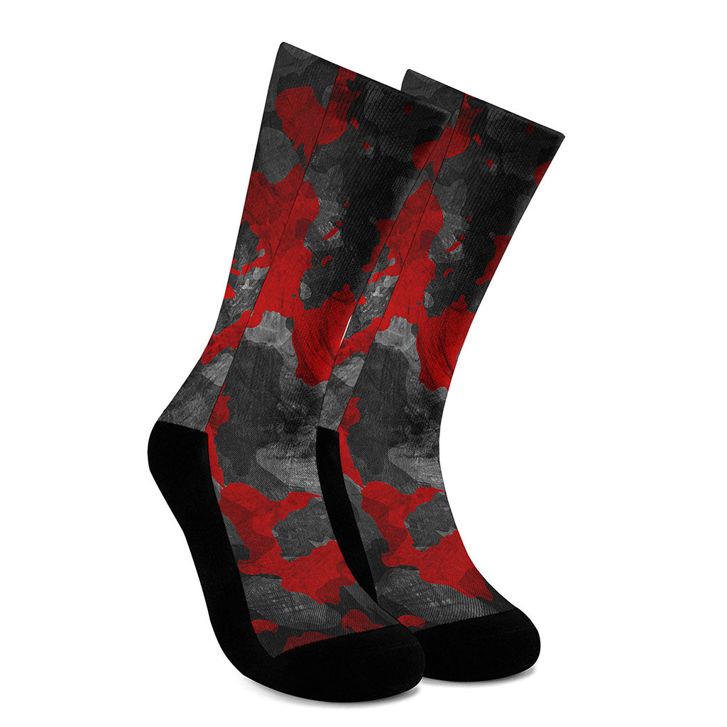 Black And Red Camouflage Print Crew Socks