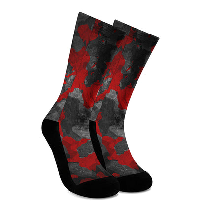 Black And Red Camouflage Print Crew Socks