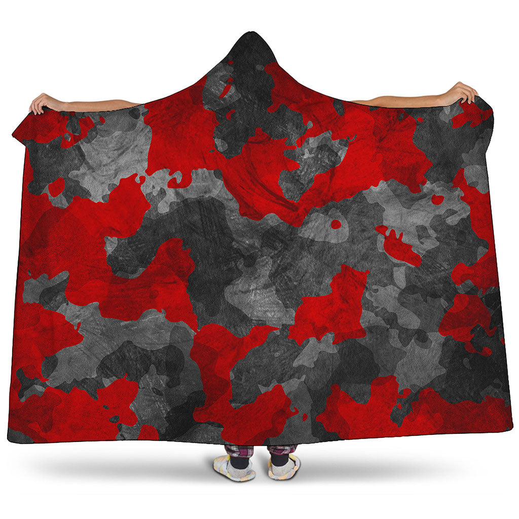 Black And Red Camouflage Print Hooded Blanket