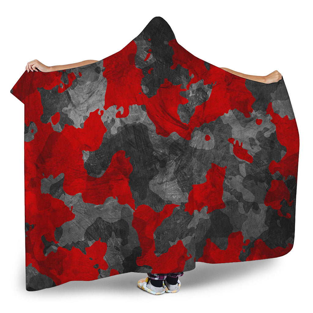 Black And Red Camouflage Print Hooded Blanket