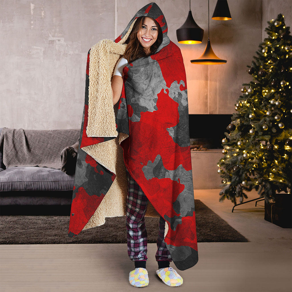 Black And Red Camouflage Print Hooded Blanket