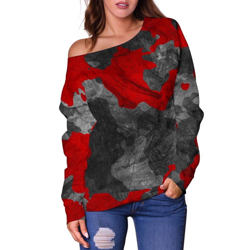 Black And Red Camouflage Print Off Shoulder Sweatshirt GearFrost