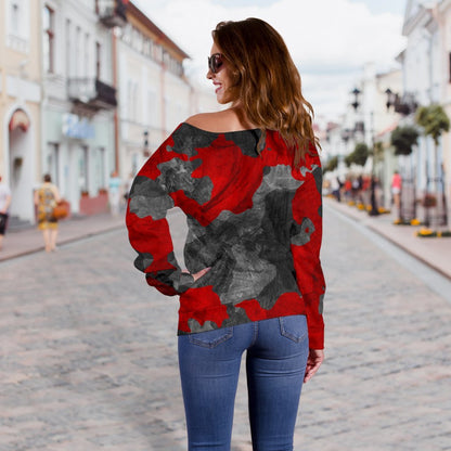 Black And Red Camouflage Print Off Shoulder Sweatshirt GearFrost