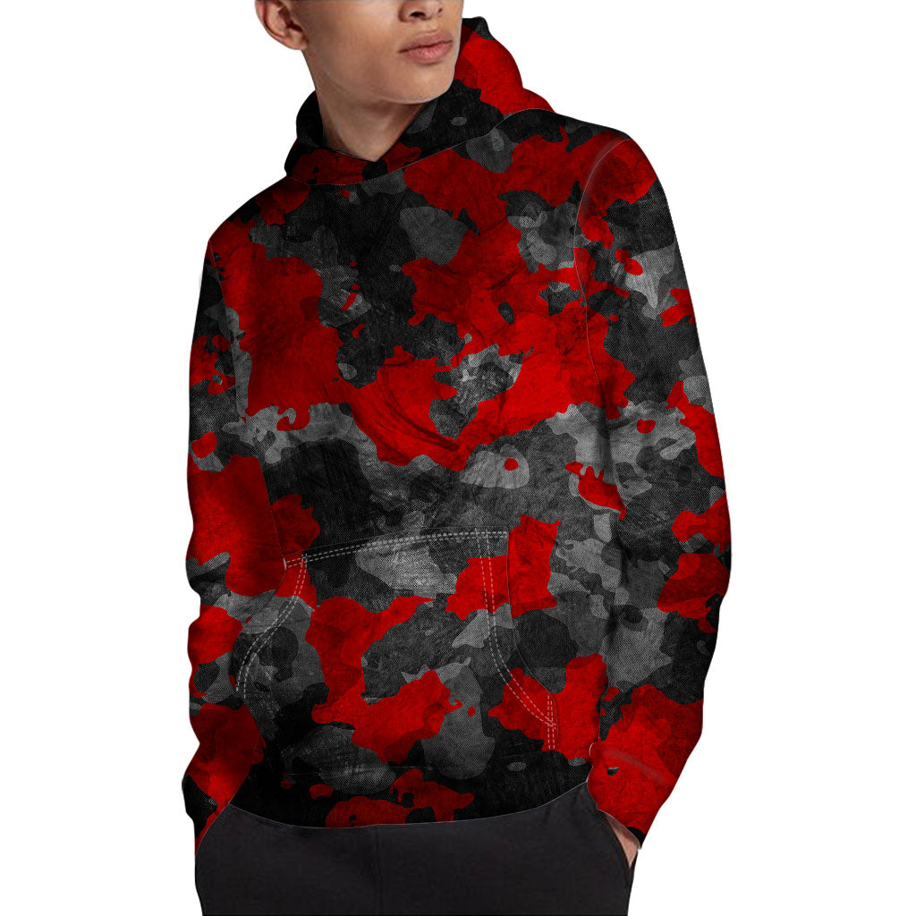 Black And Red Camouflage Print Pullover Hoodie