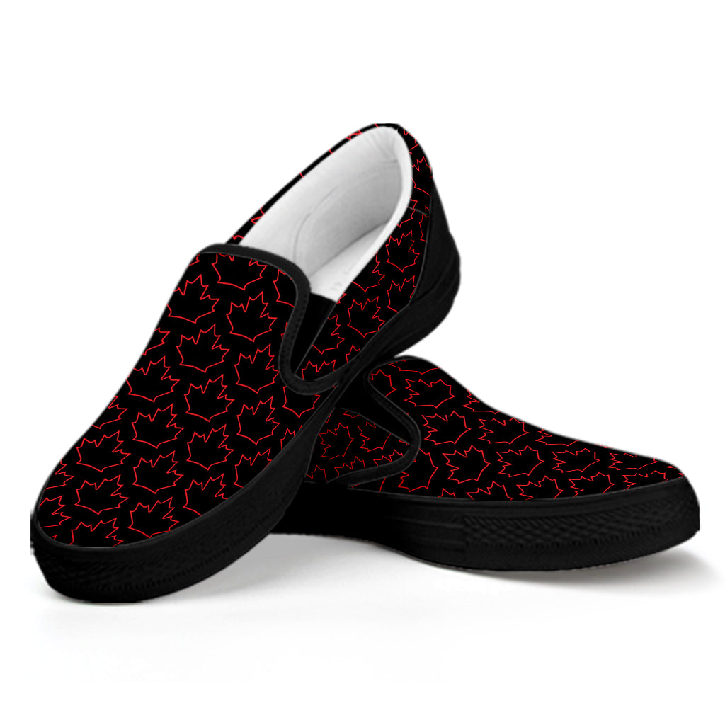 Black And Red Canadian Maple Leaf Print Black Slip On Shoes