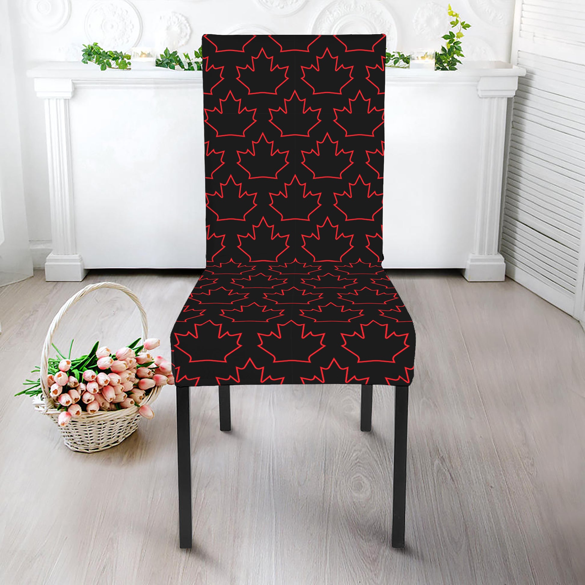 Black And Red Canadian Maple Leaf Print Dining Chair Slipcover