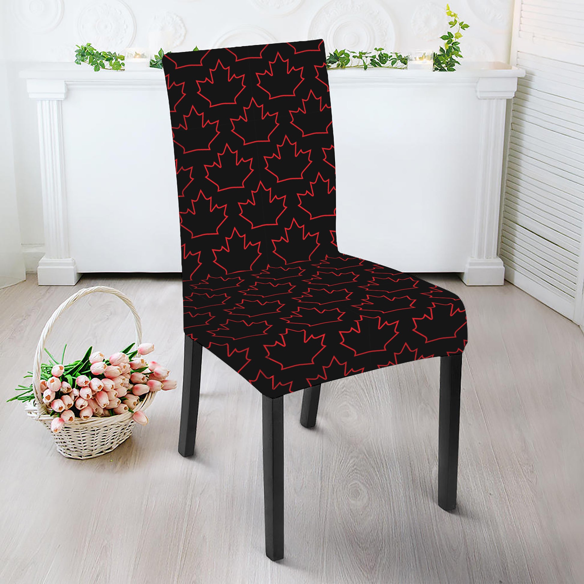 Black And Red Canadian Maple Leaf Print Dining Chair Slipcover