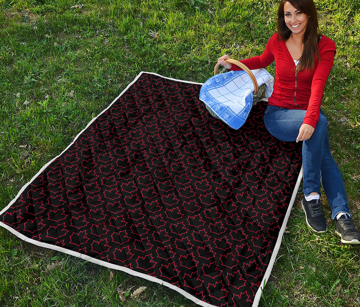 Black And Red Canadian Maple Leaf Print Quilt
