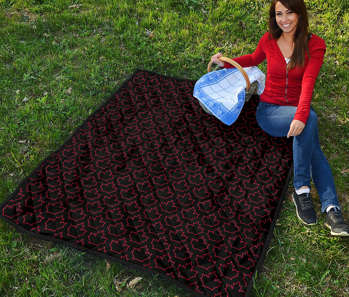 Black And Red Canadian Maple Leaf Print Quilt
