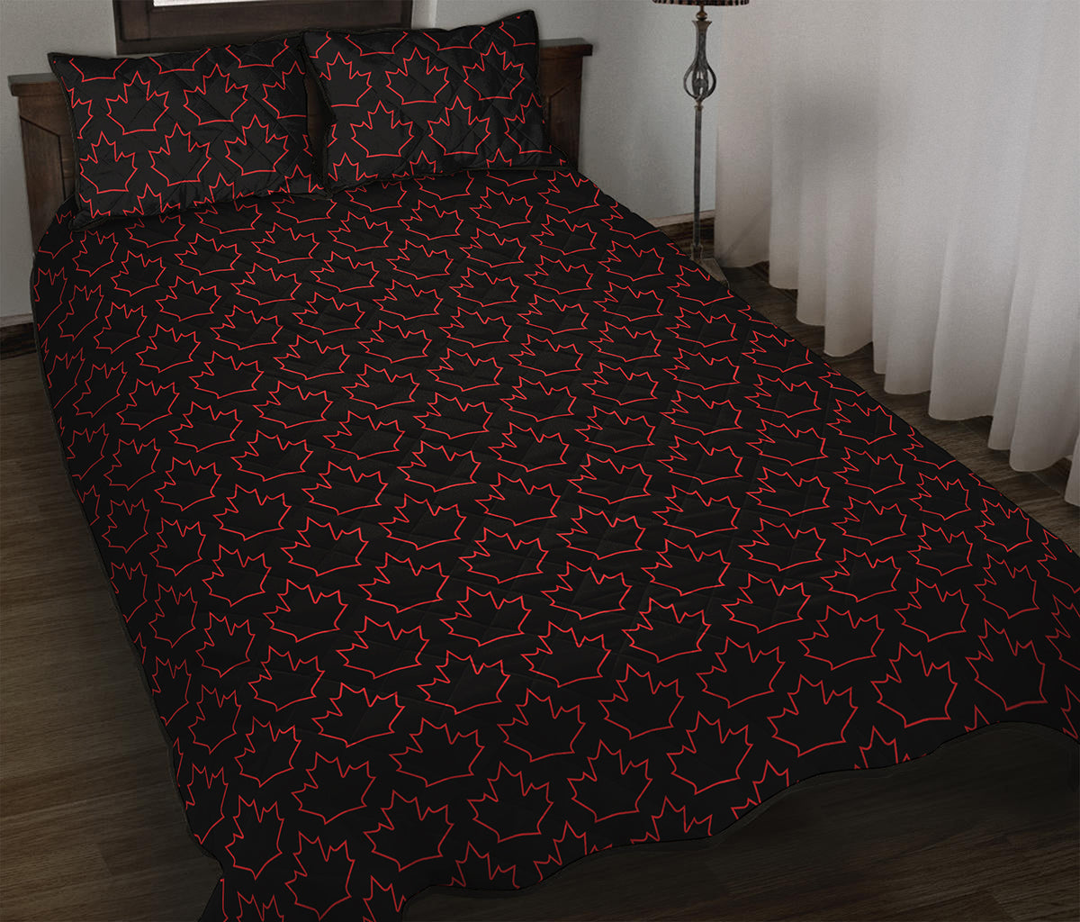 Black And Red Canadian Maple Leaf Print Quilt Bed Set