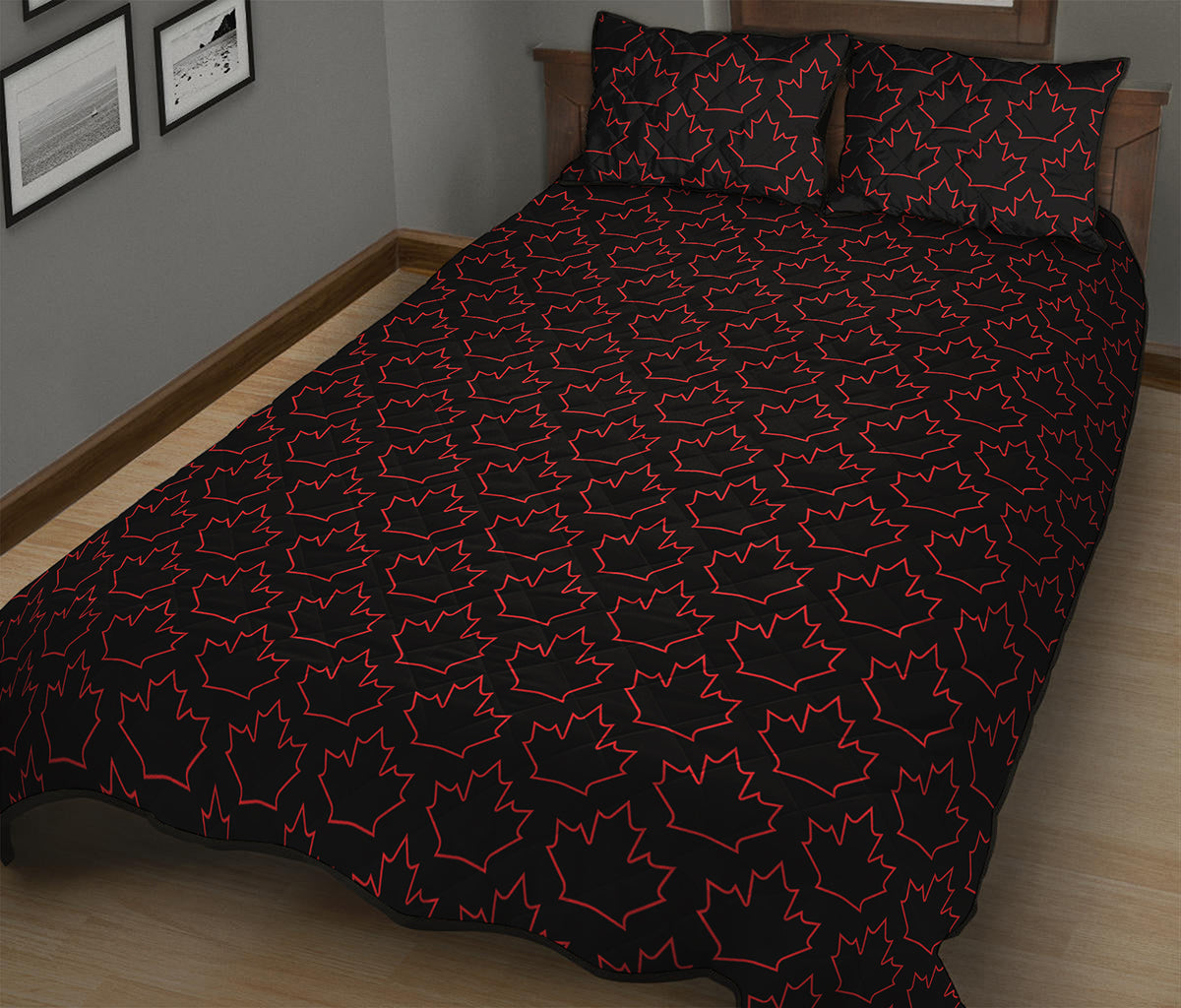 Black And Red Canadian Maple Leaf Print Quilt Bed Set