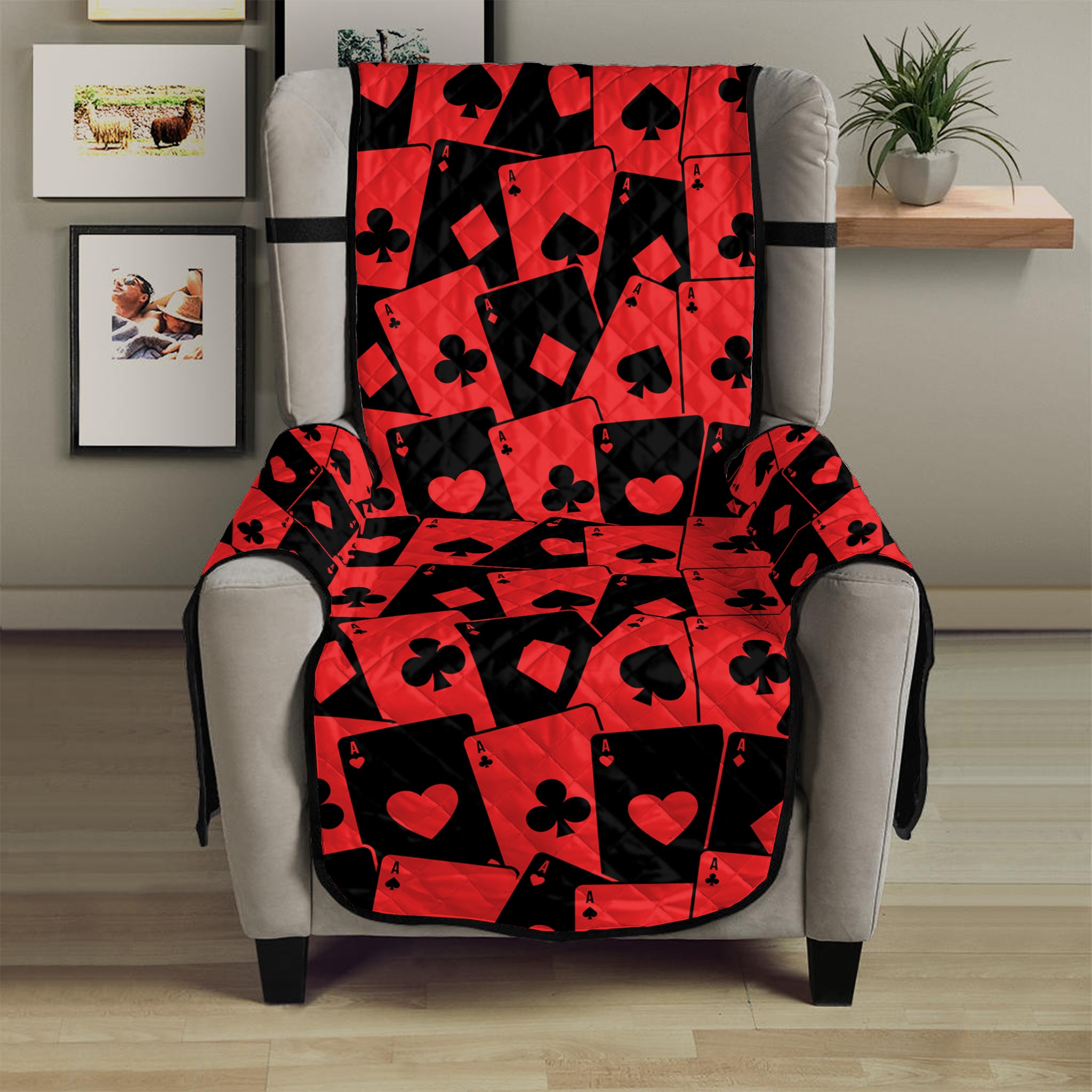 Black And Red Casino Card Pattern Print Armchair Protector