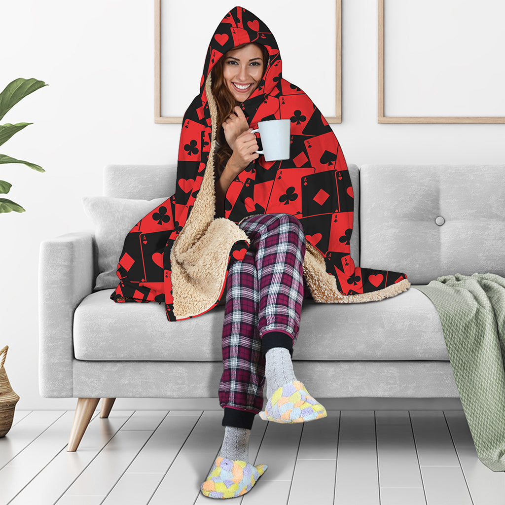 Black And Red Casino Card Pattern Print Hooded Blanket