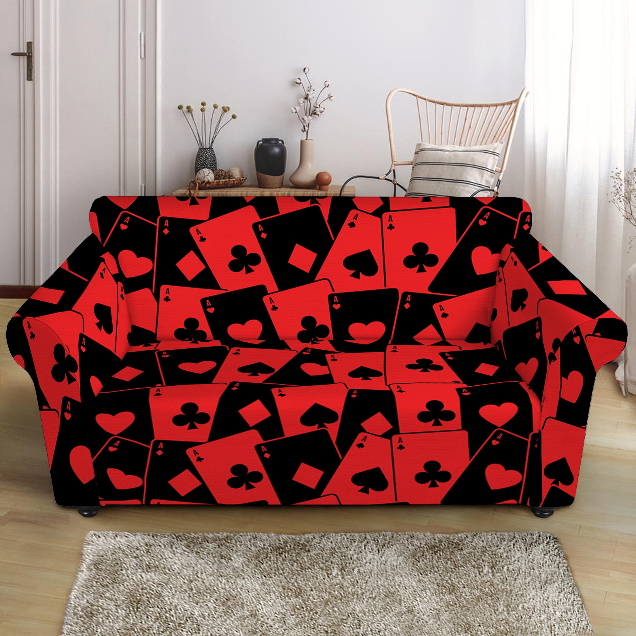 Black And Red Casino Card Pattern Print Loveseat Slipcover