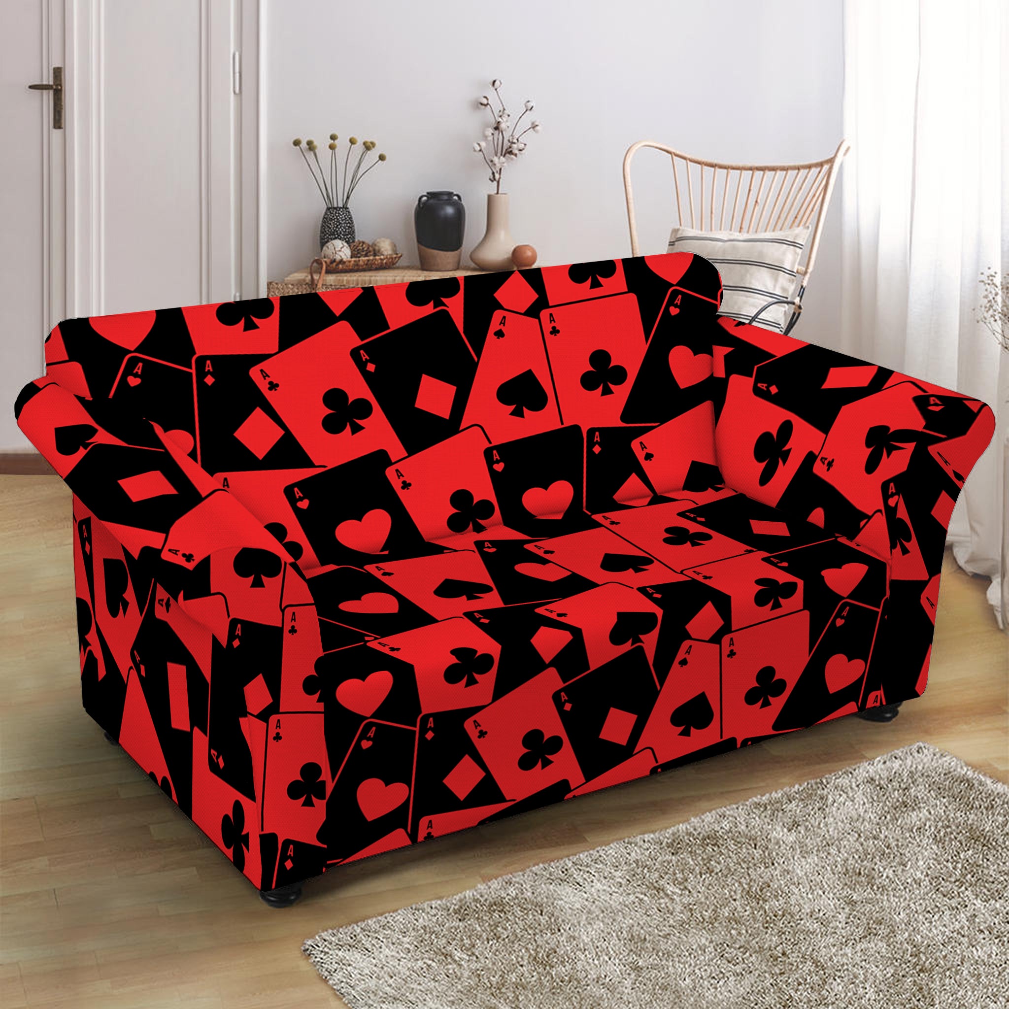 Black And Red Casino Card Pattern Print Loveseat Slipcover