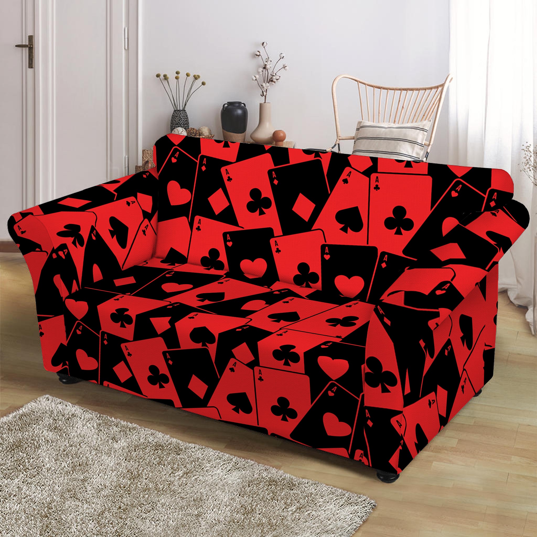 Black And Red Casino Card Pattern Print Loveseat Slipcover