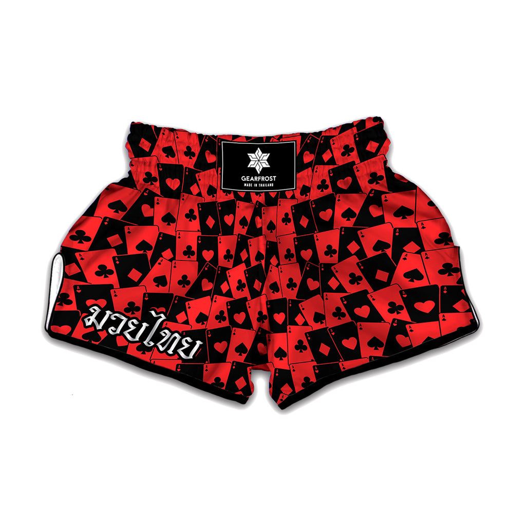 Black And Red Casino Card Pattern Print Muay Thai Boxing Shorts