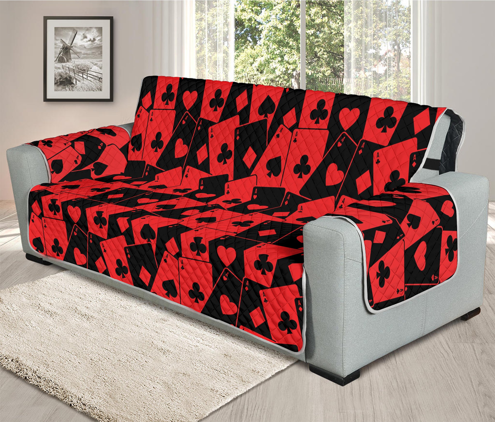 Black And Red Casino Card Pattern Print Oversized Sofa Protector