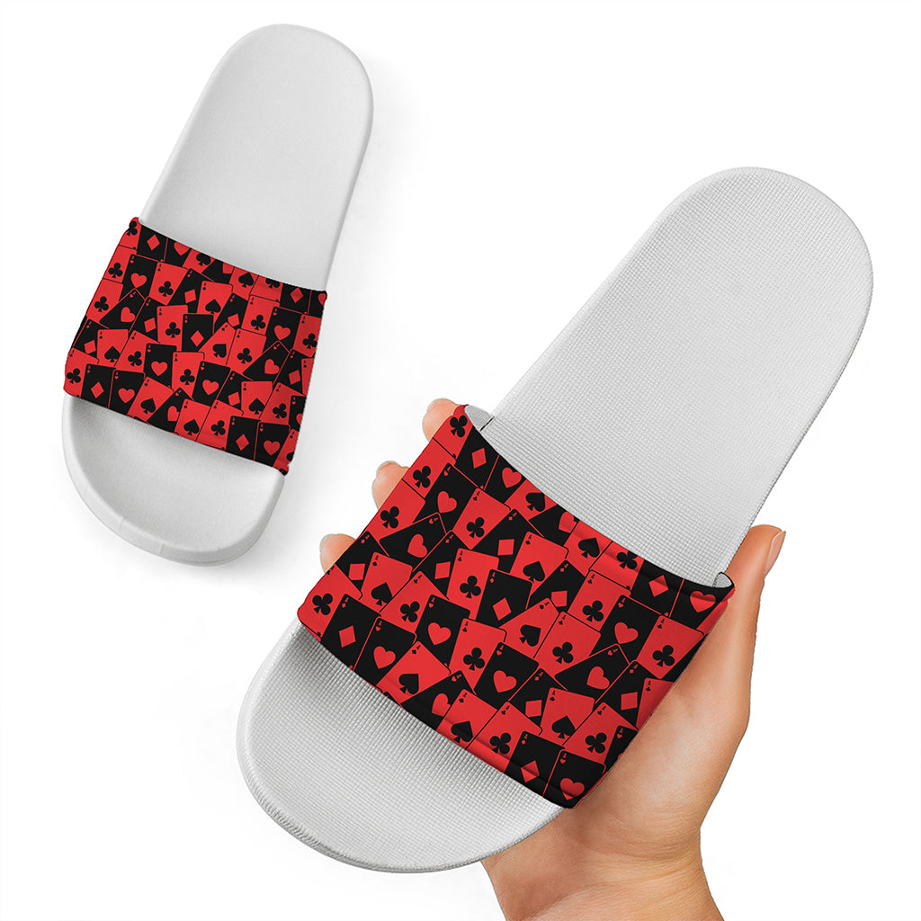 Black And Red Casino Card Pattern Print White Slide Sandals