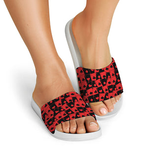 Black And Red Casino Card Pattern Print White Slide Sandals