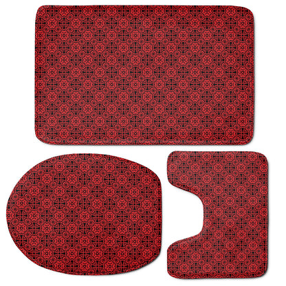 Black And Red Chinese Pattern Print 3 Piece Bath Mat Set