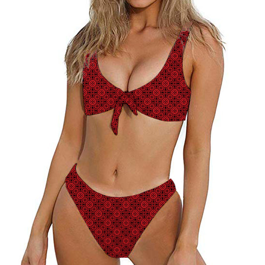 Black And Red Chinese Pattern Print Front Bow Tie Bikini