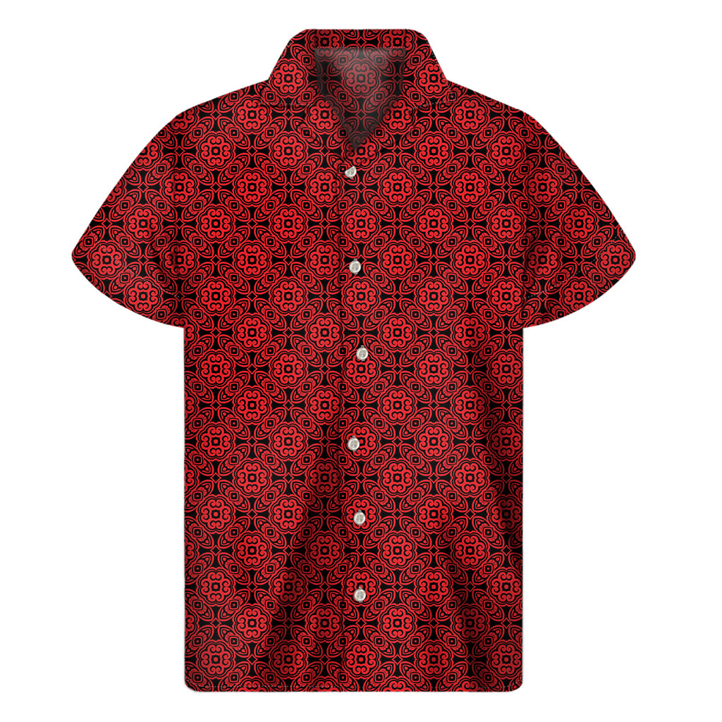 Black And Red Chinese Pattern Print Men's Short Sleeve Shirt