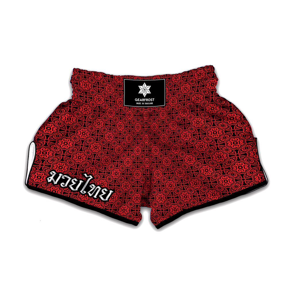 Black And Red Chinese Pattern Print Muay Thai Boxing Shorts