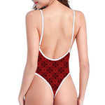 Black And Red Chinese Pattern Print One Piece High Cut Swimsuit