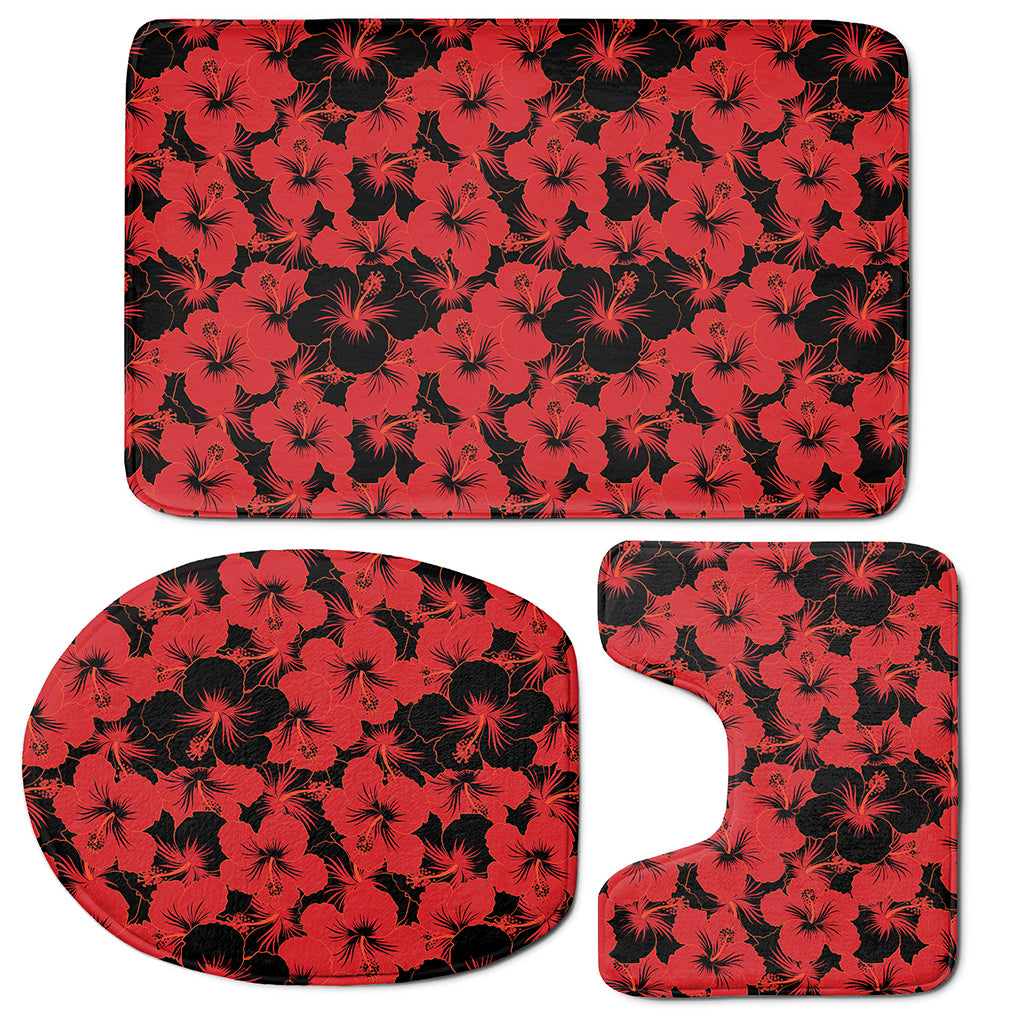 Black And Red Hibiscus Pattern Print 3 Piece Bath Mat Set