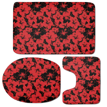 Black And Red Hibiscus Pattern Print 3 Piece Bath Mat Set