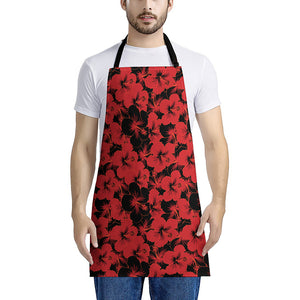 Black And Red Hibiscus Pattern Print Apron