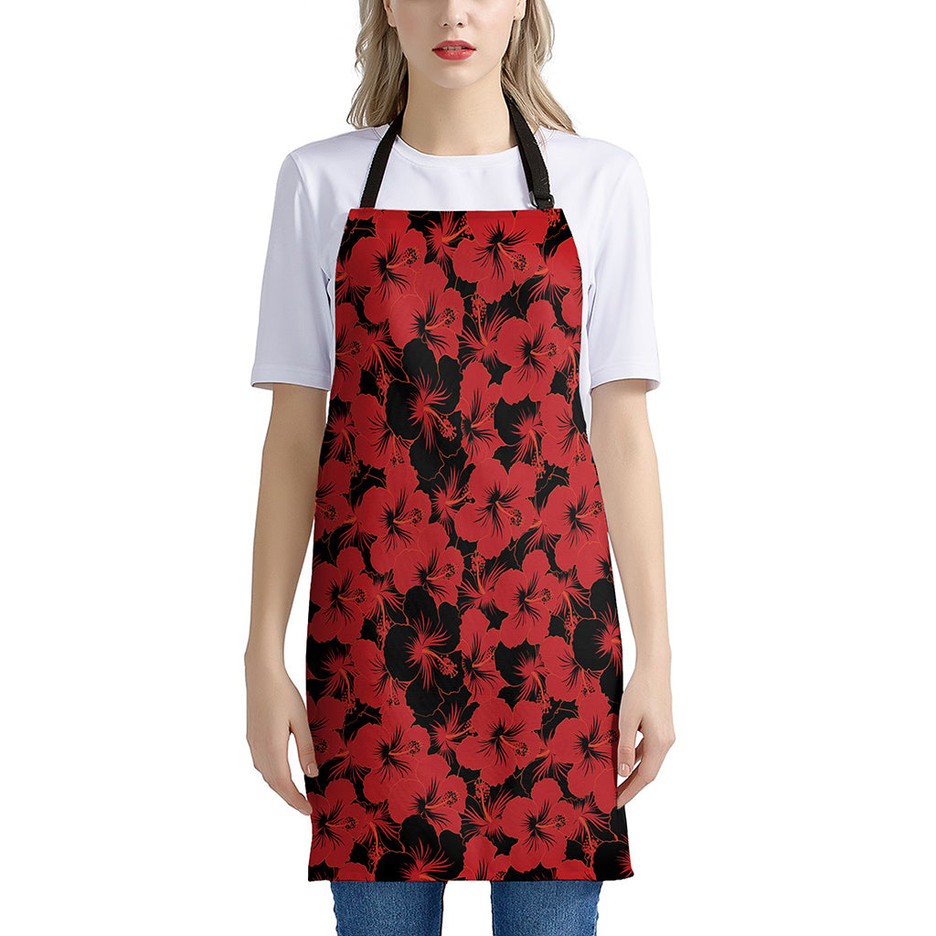 Black And Red Hibiscus Pattern Print Apron