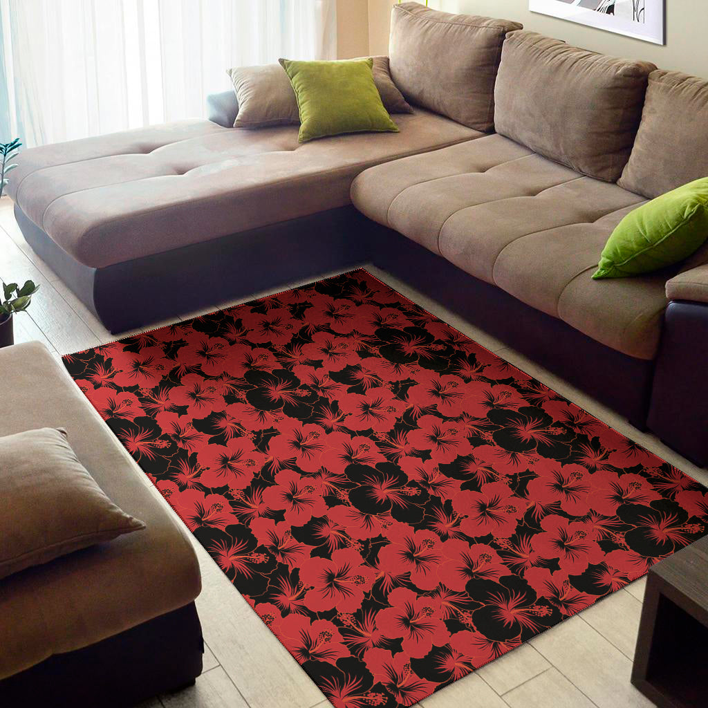 Black And Red Hibiscus Pattern Print Area Rug