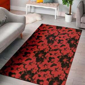 Black And Red Hibiscus Pattern Print Area Rug