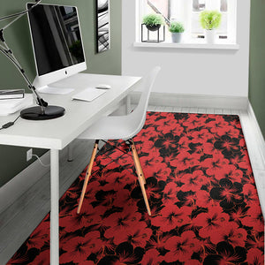 Black And Red Hibiscus Pattern Print Area Rug